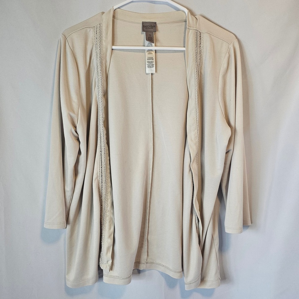 Chico's Easywear Open Front Cardigan 1 M Beige‎ Crochet Trim 3/4 Sleeve Casual